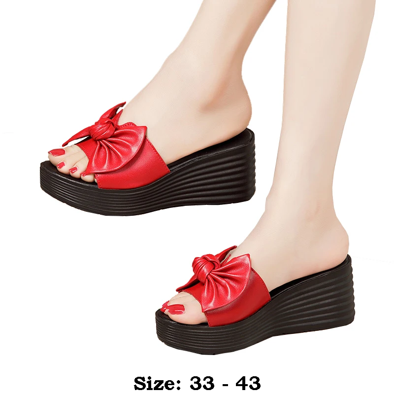 

High quality summer leather wedge sandals for women 7cm high heel 2024 size 33 43 platform open toe elegant shoe black red white