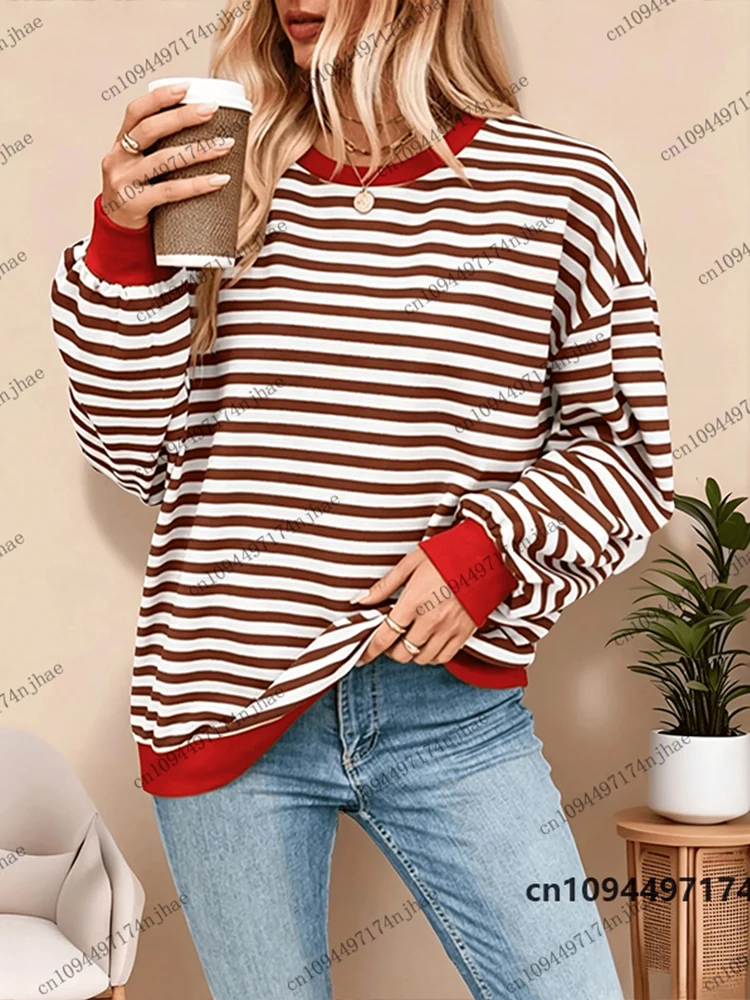 2026 Vintage Striped Color Block 3D Print Sweatshirt For Women Autumn Long Sleeve Round Neck Pullover Oversized Unisex Tops