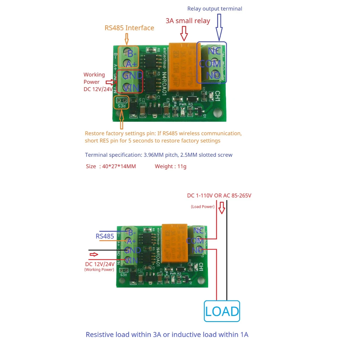 DC 12V 24V 1CH 3A Small Relay Board RS485 UART Serial Port Switch MODBUS RTU Command 01/03/05/06/15/16 Function Code Module