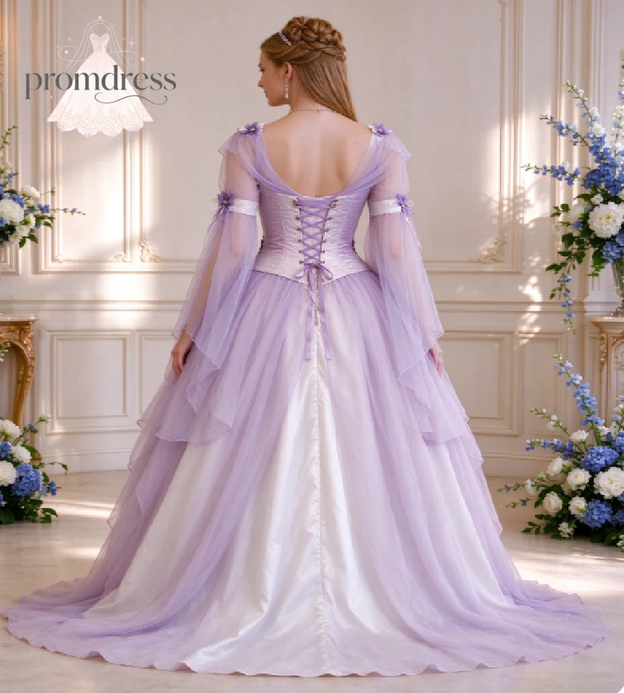 Lavender Rococo Celtic Prom Dress Flared Bell Long Sleeves 3D Purple Flower Draped Tulle Fairy Cinderella Evening Gowns Medieval - view 2