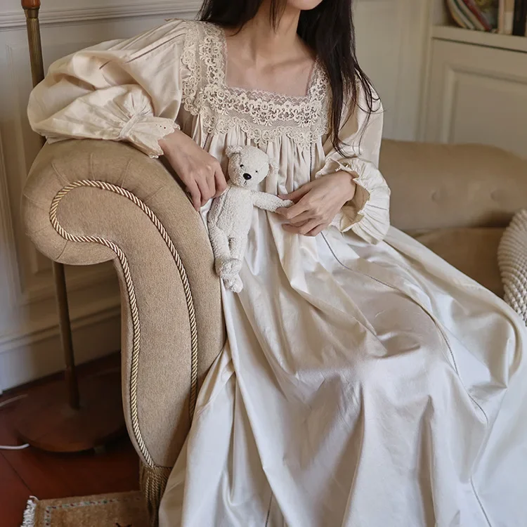 

European Vintage Princess Nightgown: 100% Cotton Lace Square-Neck Long Sleepwear for Women & Girls