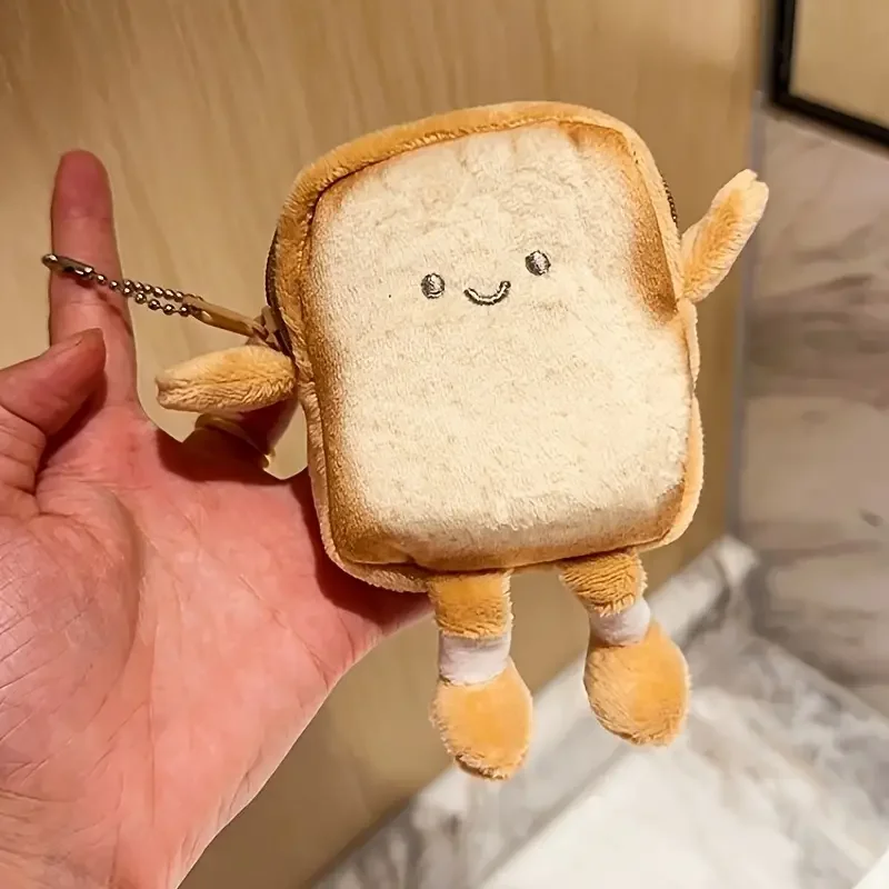 1 Pcs Cartoon Cute Toast Wallet with Keychain Lightweight Zipper Earphones and Small Item Storage Bag