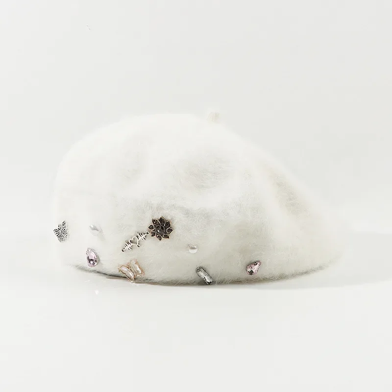 

New Autumn Winter Rabbit Hair Beret Rhinestone White Girl Hat Warm Cap Women