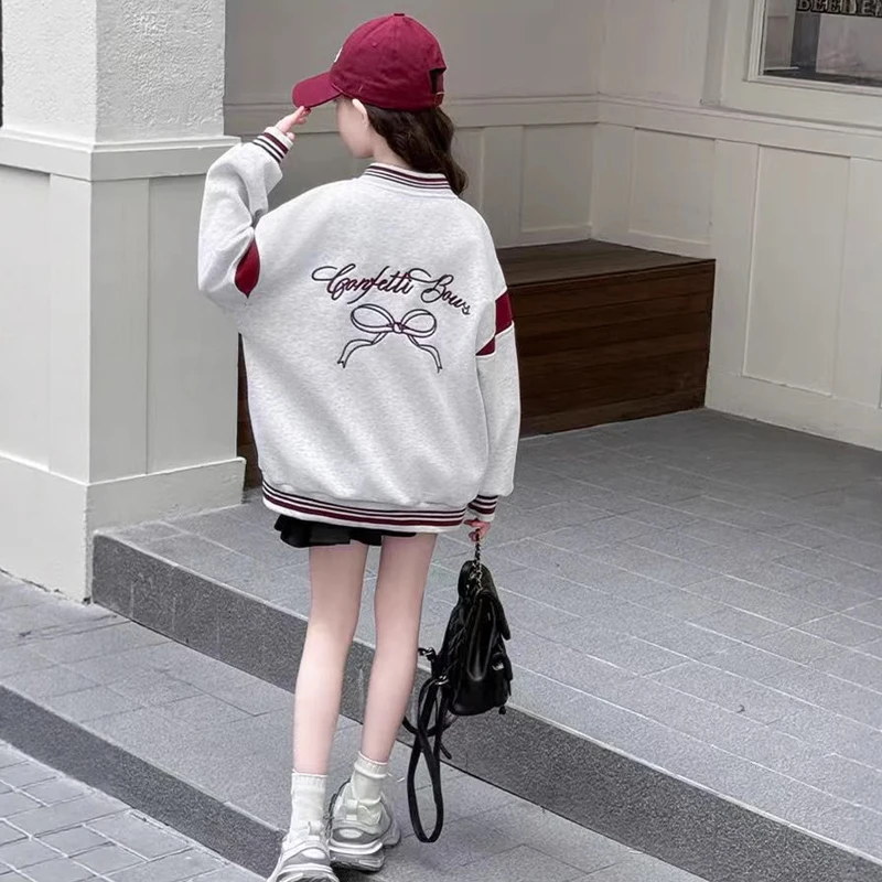 Teen Girls Casual Jacket Spring Autumn New Bowkont Letter Print Single-Breasted Baseball Coat For 5-14Y Kids Sport Outerwear - view 5