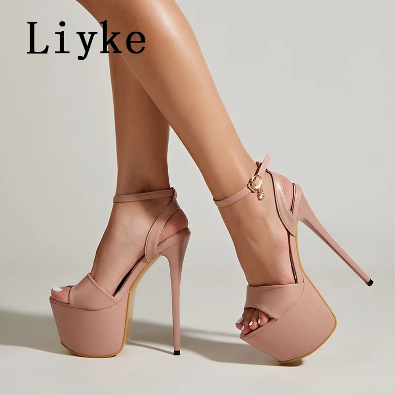 Liyke-Sandalias con punta de plataforma abierta para mujer, zapatos de tacón alto sexys de 17CM con hebilla en el tobillo y correa para fiesta en