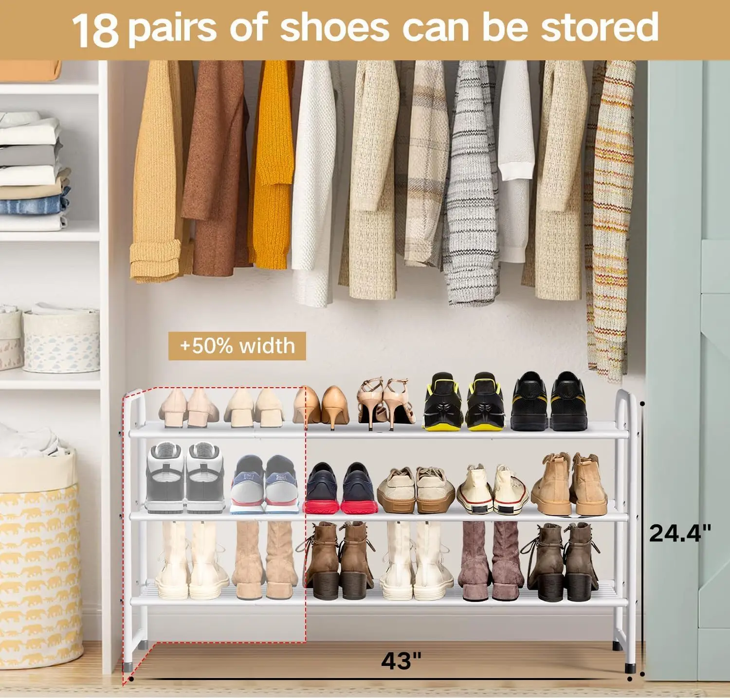 3-Tier Metal Shoe Rack, White Stackable Closet Organizer with Wire Grid, Wide Storage Shelf for Entryway or Bedroom