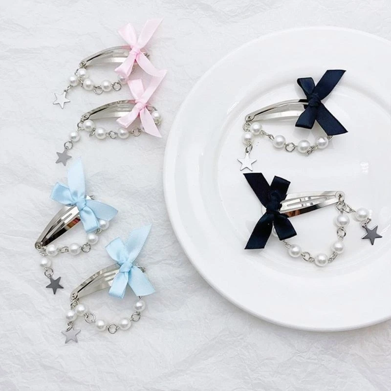

Unique Chain Hair Clip Accessory Stylish Beaded Chain Hair Clip Eye catching Star Bowknot Hairpin Hair Decoration 15UB
