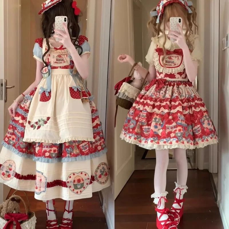 

Tea Party Japanese Sweet Lolita Dresses Women Kawaii Cute Strawberry Printed Princess Dress Apron Set Loli Cos Costume