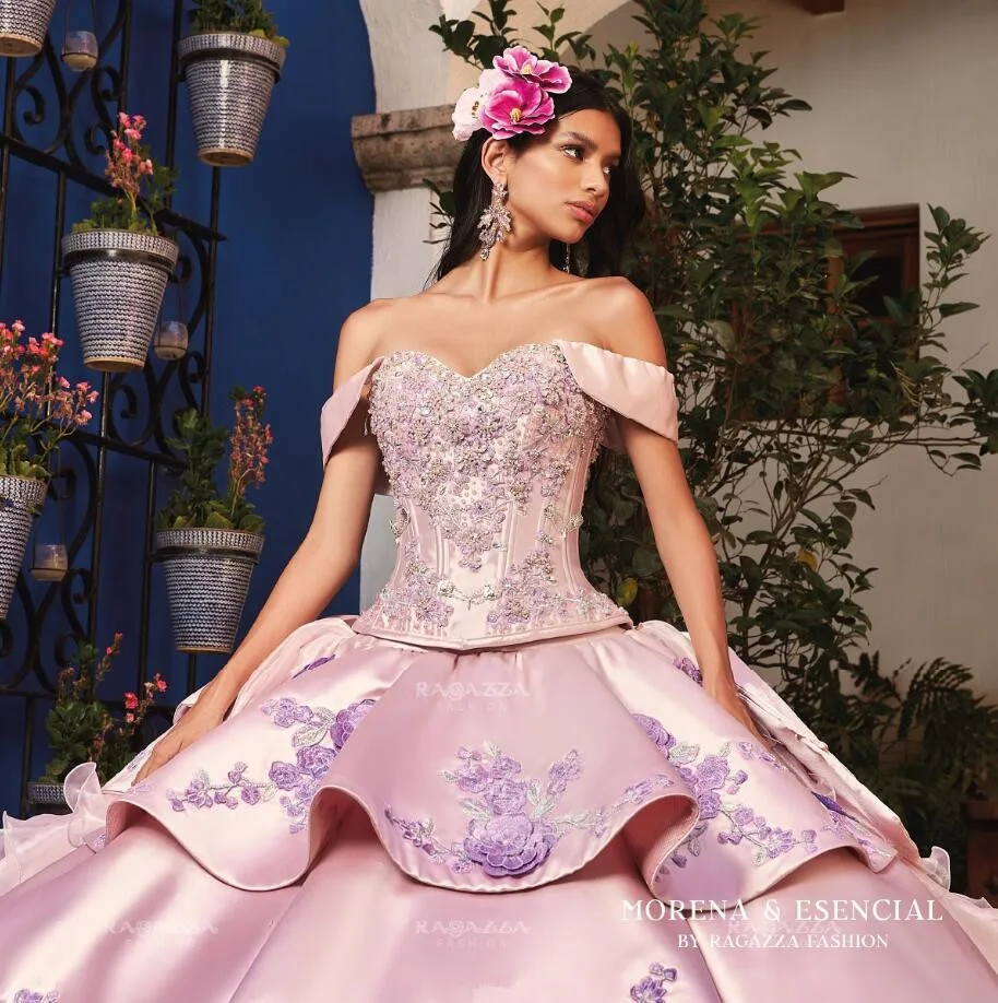 Vestido de quinceañera mexicana rosa con lavanda, falda hinchada con volantes de princesa, bordado Floral, dulce 15 vestidos de bal con cordones