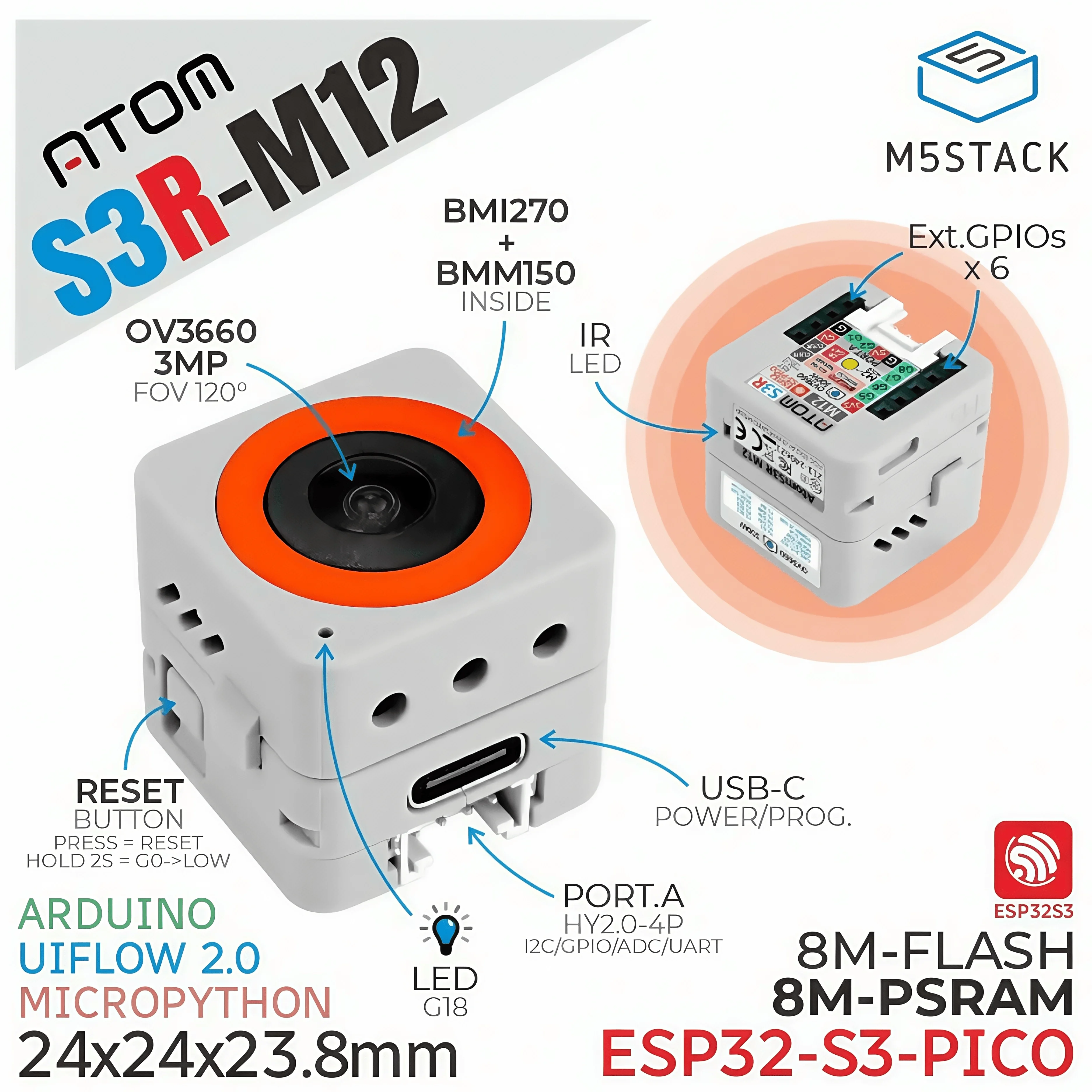 

M5Stack AtomS3R M12 Volcano Engine Edition ESP32-S3 Large Model Voice and Vision Kit