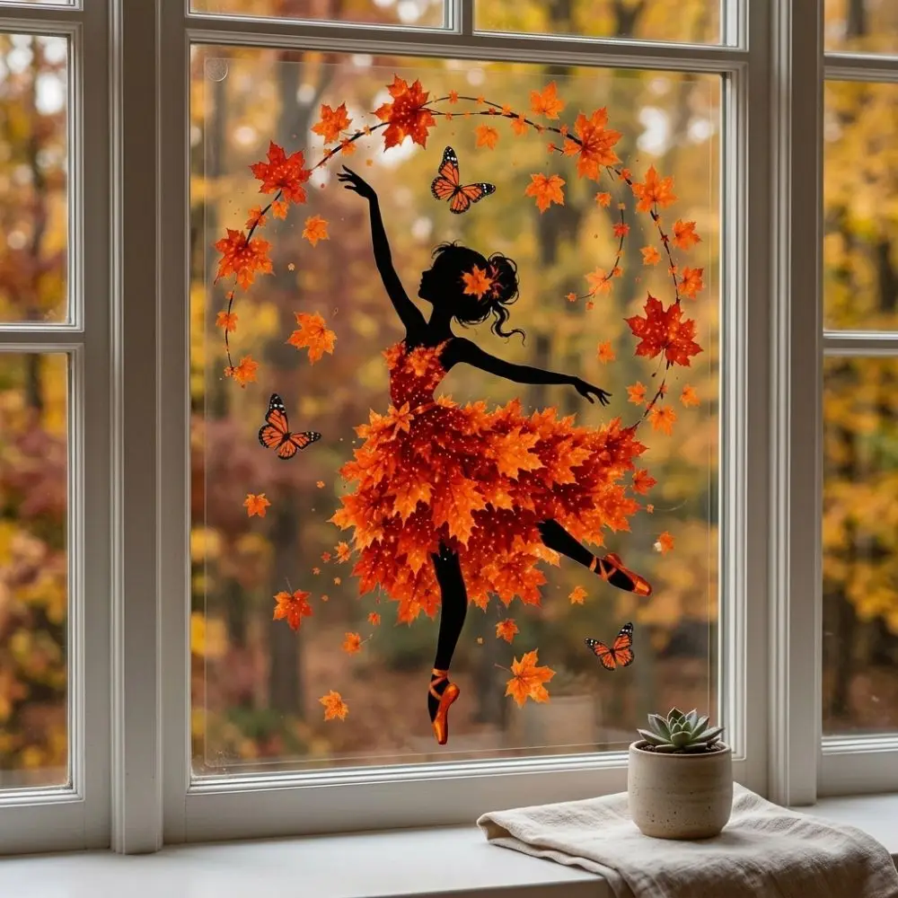Adhesive-Free Autumn Ballerina Window Cling Aesthetic Waterproof Dancer Silhouette Window Sticker Vibrant Color PVC Static