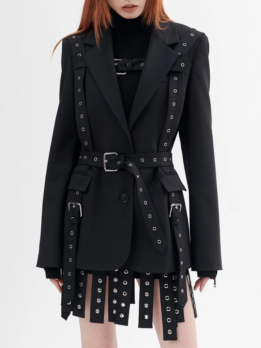 Frauen Einfarbig Temperament Anzug Jacke 2025, Herbst Kerb Einreiher Gürtel Schlank Biker Motor Stil Casual Blazer