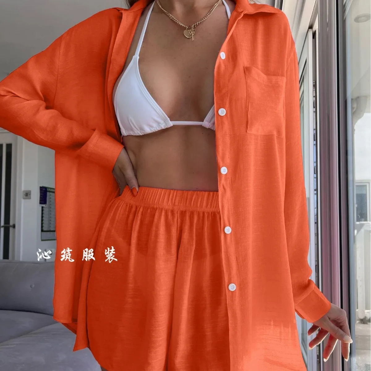 Boho Clothing Women Tunic Loose Beach Button Front Long Sleeve Swim Solid Color White