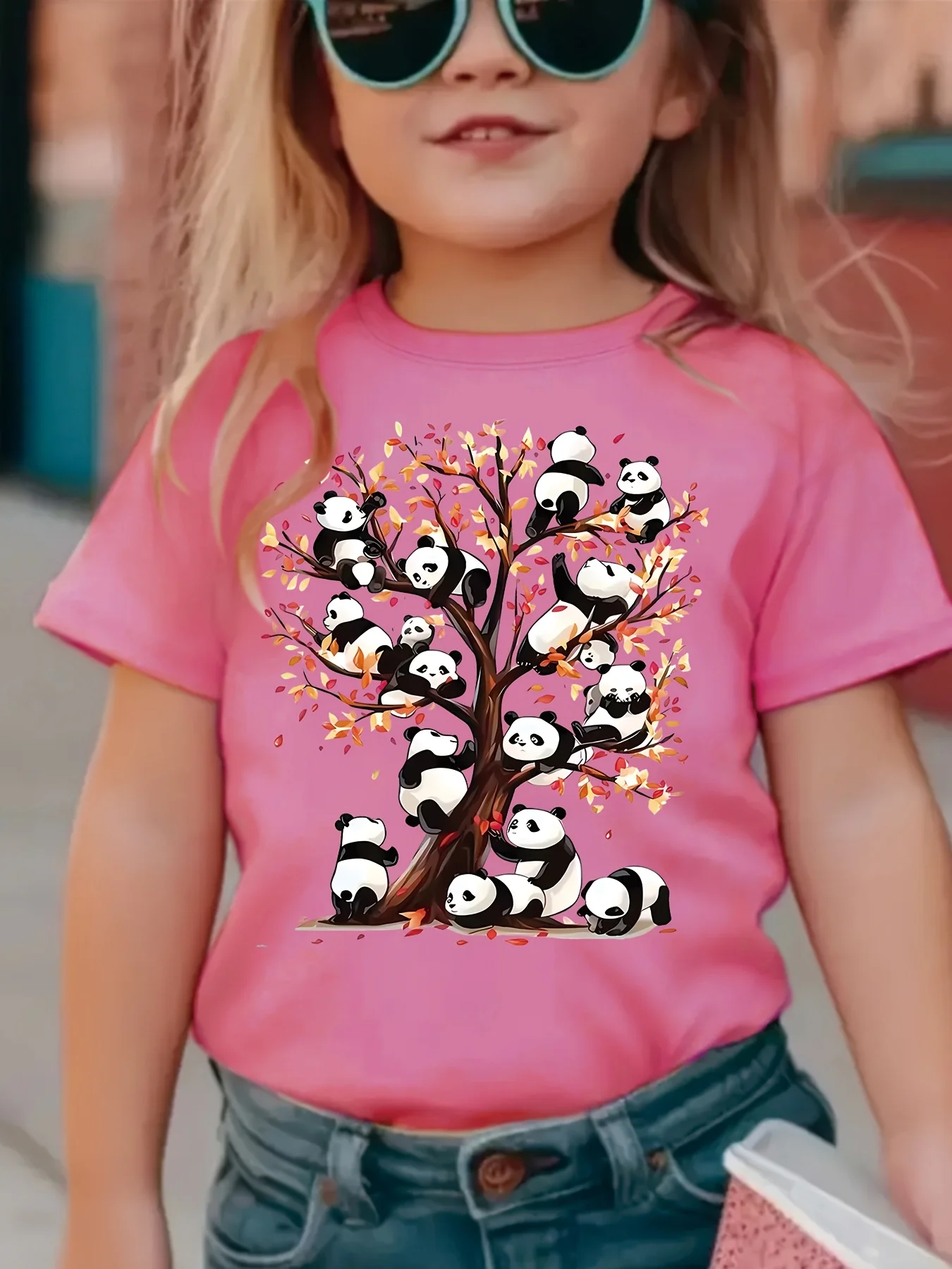 تي شيرت مطبوع عليه شجرة الباندا اللطيفة للفتيات - قميص وردي ناعم بأكمام قصيرة ورقبة دائرية، قماش محبوك مسامي لفصل الربيع