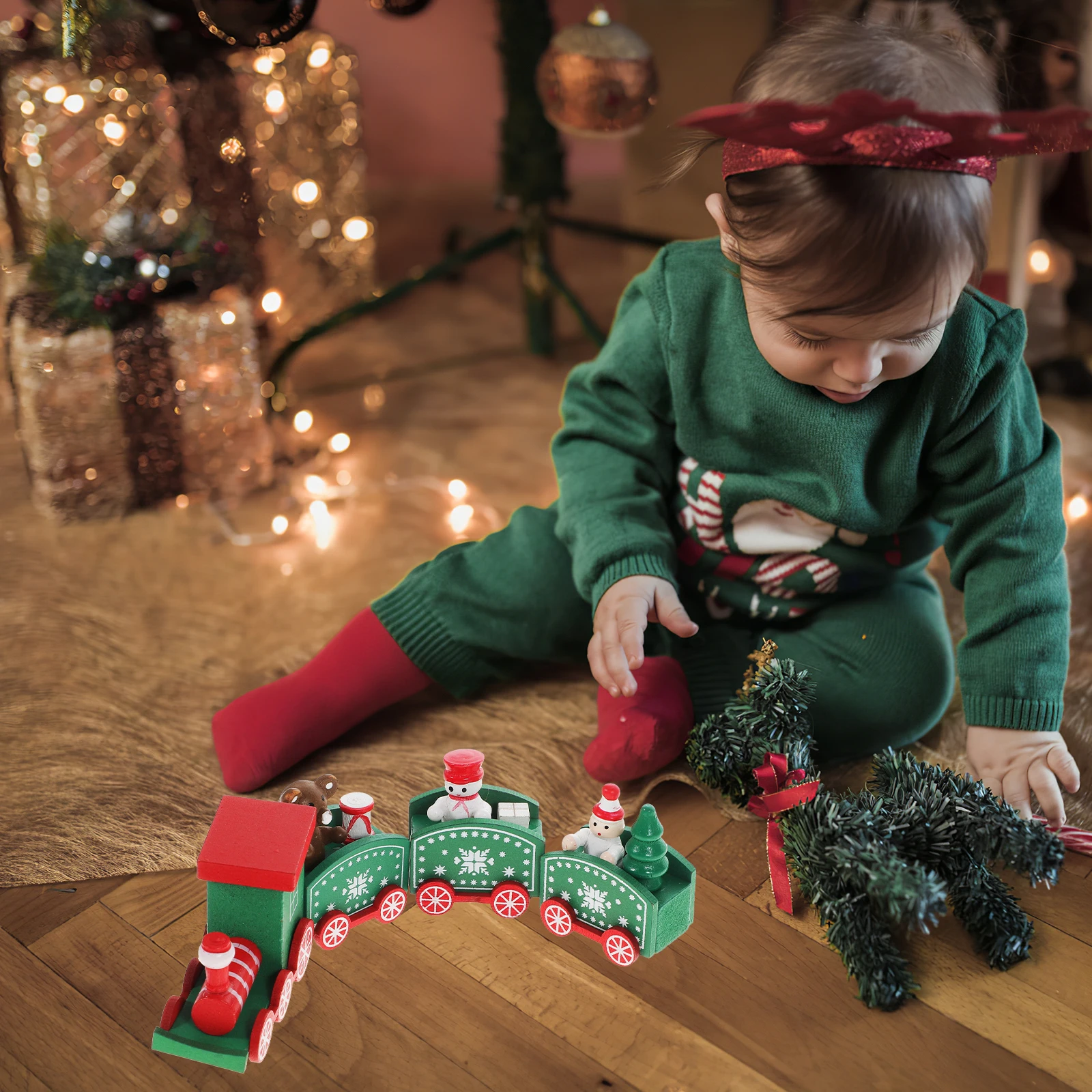 

Wooden Train Toys Kids Party Table Decoration Christmas Gift Mini Green Color Funny Children Bamboo
