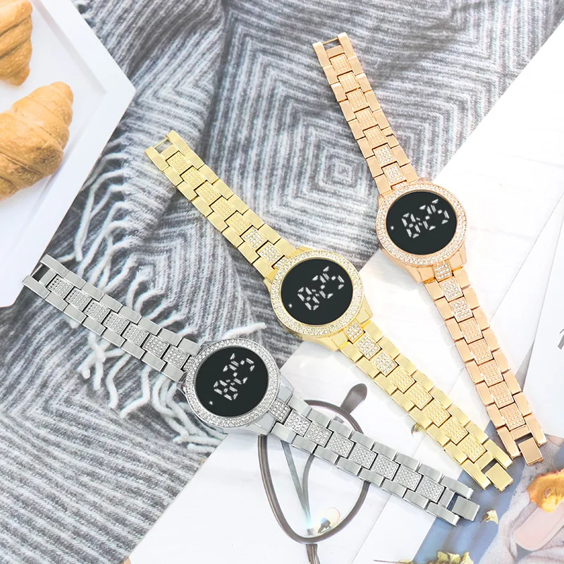 الماس LED اللمس الإلكترونية ووتش المرأة الفاخرة الصلب حزام المرأة الساعات الطالبات الاتجاه ساعة اليد
