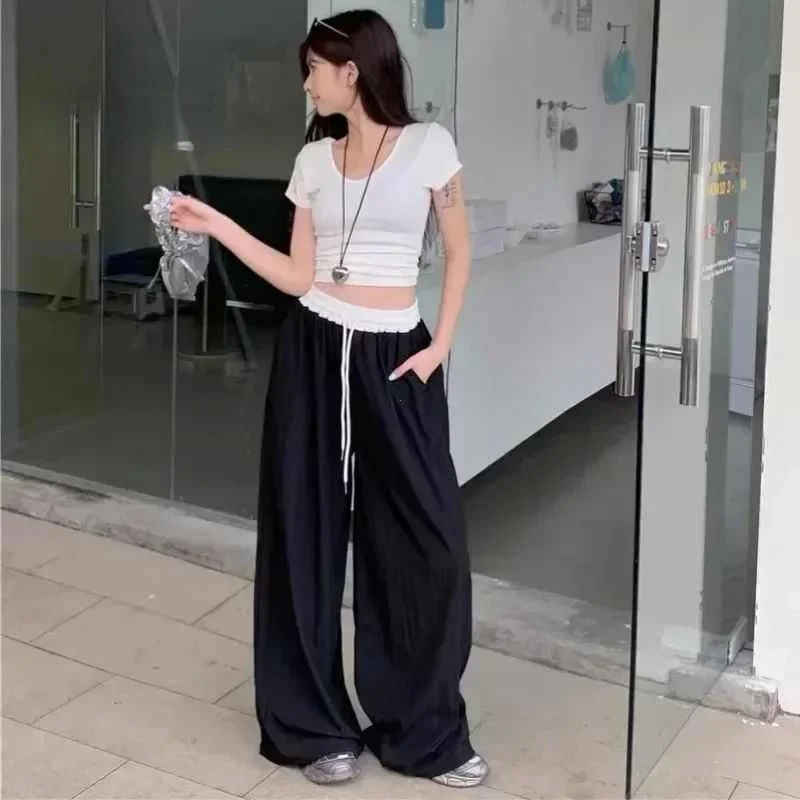 Pantalon décontracté à jambes droites pour femmes, drapé, taille haute, jambes larges, rue, en coton, taille haute, Long