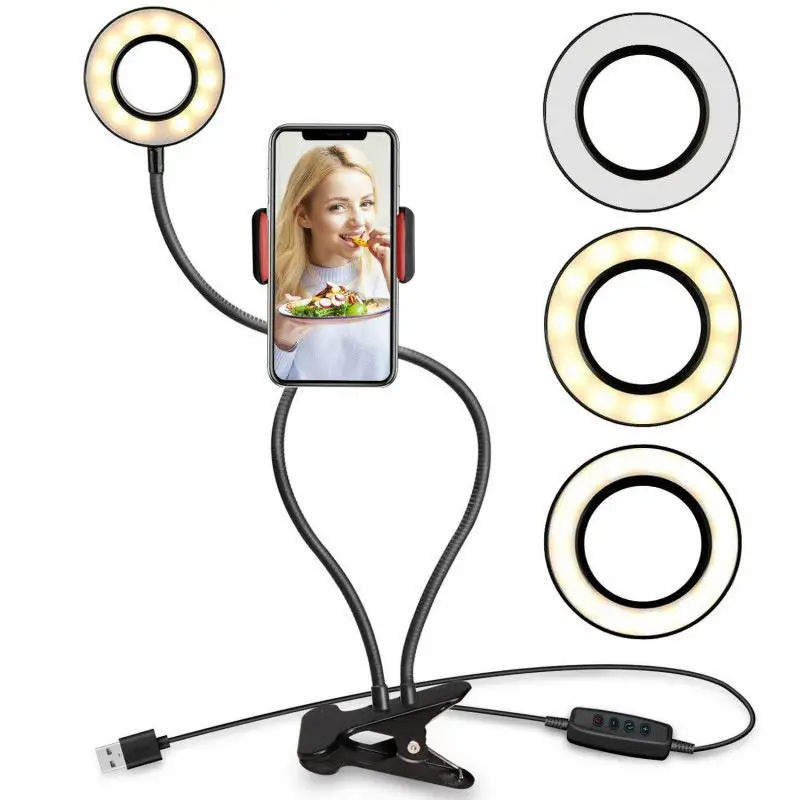 2 in 1 Led Selfie Ring Light Desk Lamp Selfie Light with Cell Phone Holder Dial Head 2in1 Clip on Ring Shape Table Light