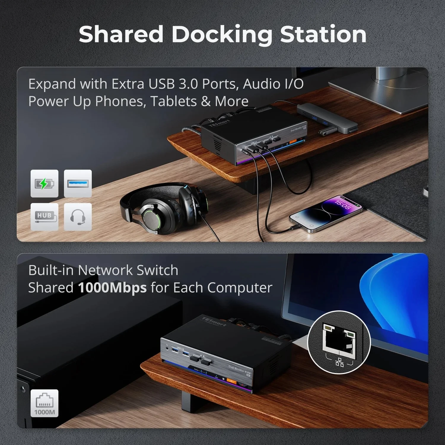 DP 1.4 Dual 8K@60Hz KVM Switch Gaming Dock for 2 PCs 2 Monitors, W/ EDID, G-Sync FreeSync