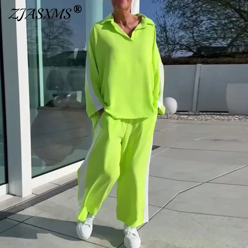 

Casual Loose Trun-down Collar Womans Outfits Autumn Full Sleeve Tops & Long Pant Sets Elegant Striped Print Contrast Color Suits