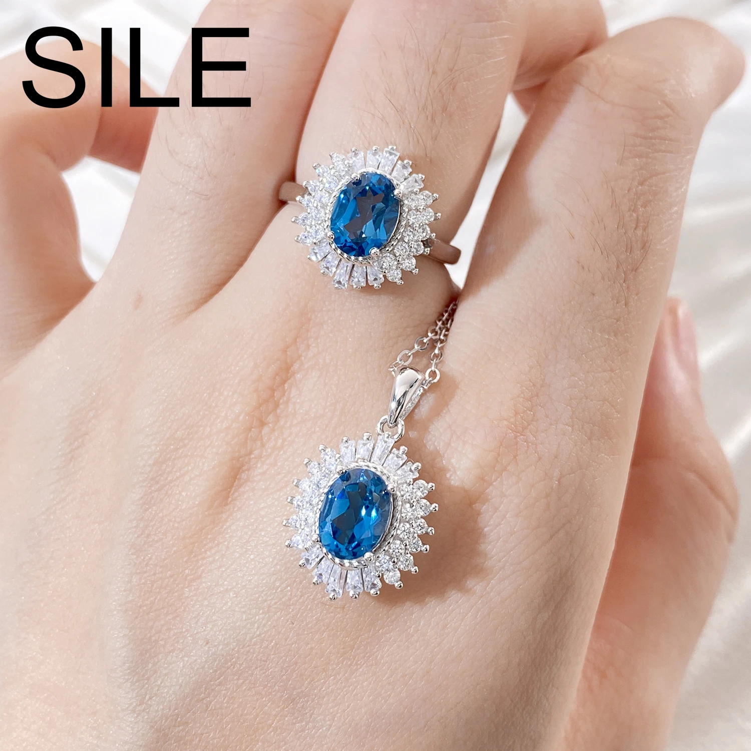 SILE Luxury Women Party Jewelry Natural Gemstone London Blue Topaz cz Pendants O Chains 925 Sterling Silver Necklaces Birthday