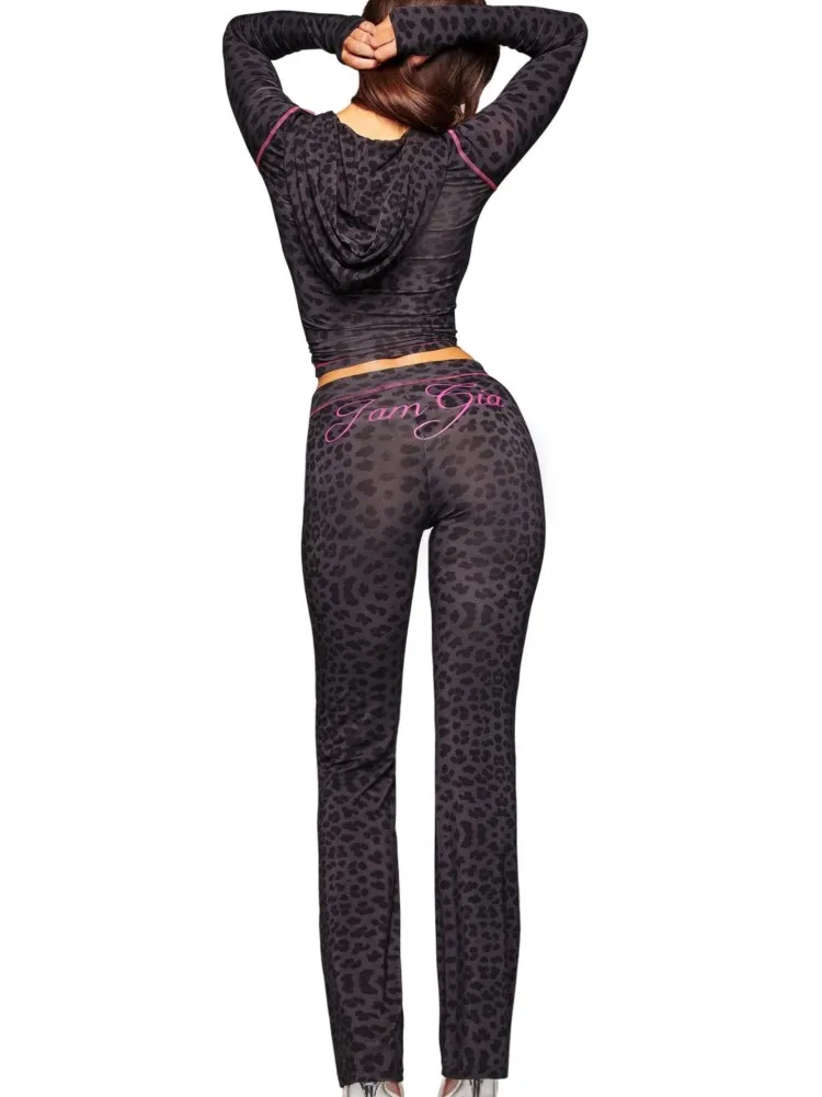 2026 Fashion Ins Letter Print Hooded Two Piece Sets Women's Zipper Long Sleeve Crop Top Skinny Pants Outfit Y2K 2pcs Streetwear