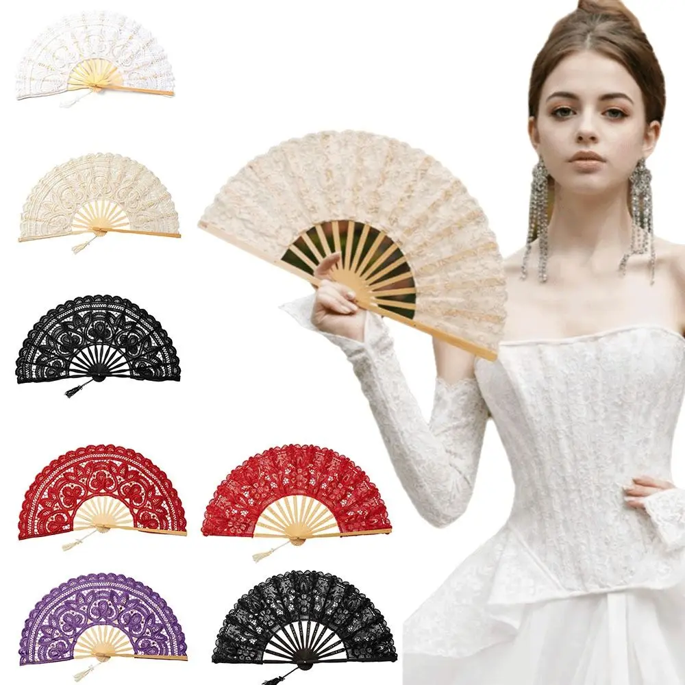 Lace Vintage Lace Hand Fan Tassel Pendant Handheld Embroidered Folding Fan Elegant Style Hollow Ribs Dance Handheld Fan
