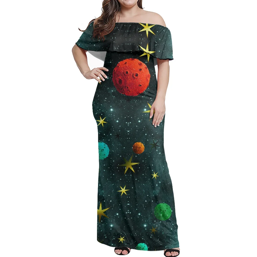 Summer 2022 Women Off The Shoulder Long Dress Casual Fashion Party Print Starry Sky Patterns Clothing Holiday Elegant Dresses