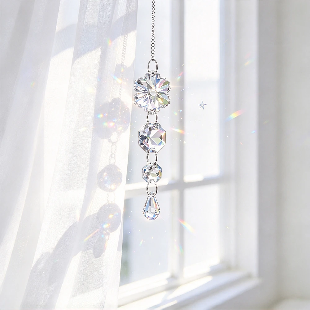 Clear Crystal Suncatcher Hanging Ornament Flower Octagon Teardrop Glass Prism Pendant Great Gift for Window Car Home Decorations