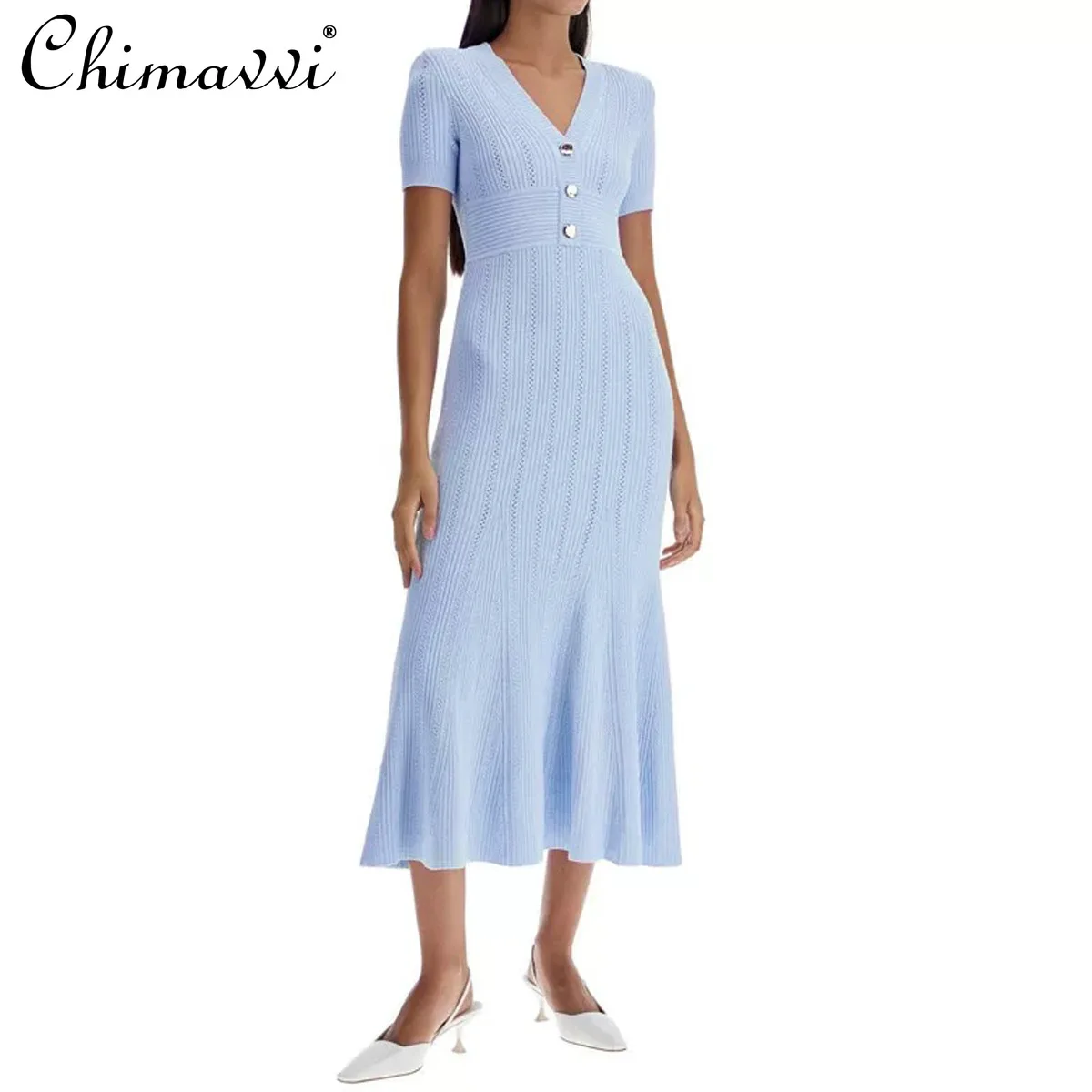 Francuska elegancka, dojeżdżająca do pracy, temperamentna, długa sukienka z dzianiny, dekolt w serek, z krótkim rękawem, jednorzędowa, wysoka talia, wąska sukienka z rybim ogonem, damska