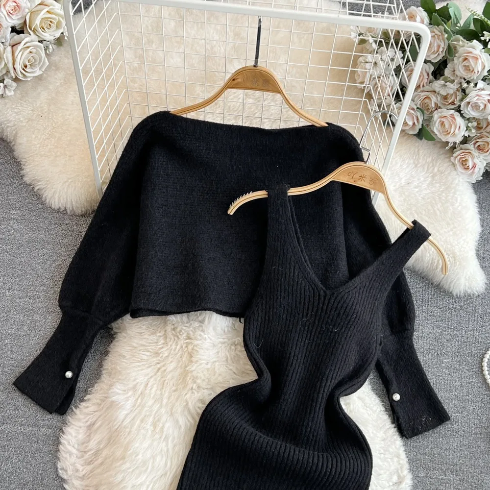 Autumn Women's Bat Long Sleeved One Shoulder Loose Knit Sweater V-Neck Vest Dress