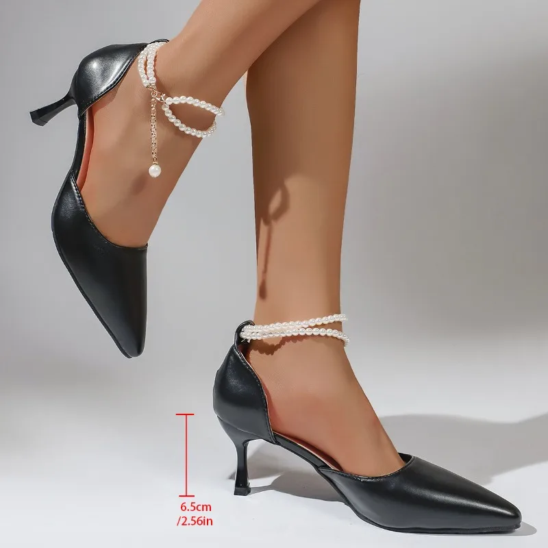 New Summer Pumps Sandals Hollow Pointed Toe Shallow Mouth Middle Heel Ladies Temperament Large Size Pearl Strap Single Shoes