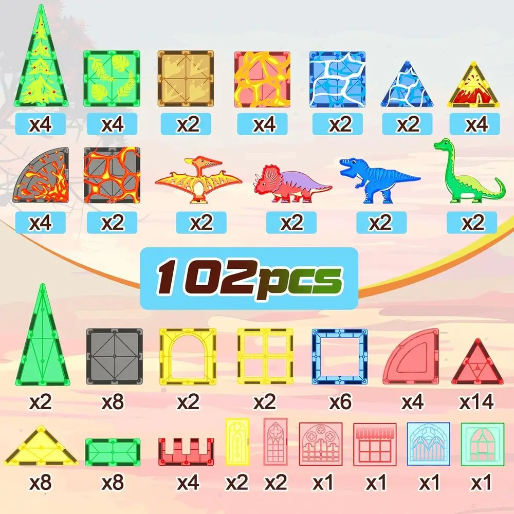 Jurassic Adventure: piastrelle magnetiche di dinosauri da 102 pezzi con 8 figure, set da gioco sensoriale educativo per bambini dai 3 anni in su