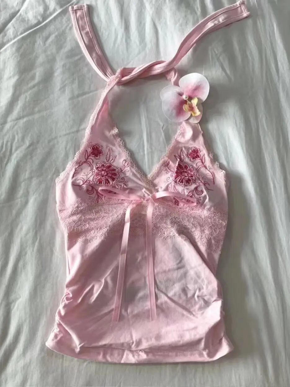 Canottiere con scollo all'americana impiombate in pizzo dal design dolce e chic estivo Camicette da donna senza schienale con stampe floreali slim fit Moda coreana