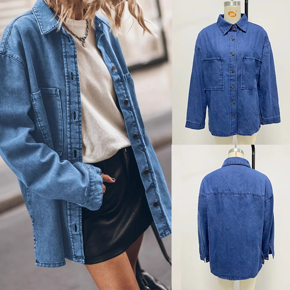 

Denim Coat Women Vintage Jackets Washed Pockets Turn Down Collar Single Breasted Outerwear Female 2025 Streetwear Overshirt
