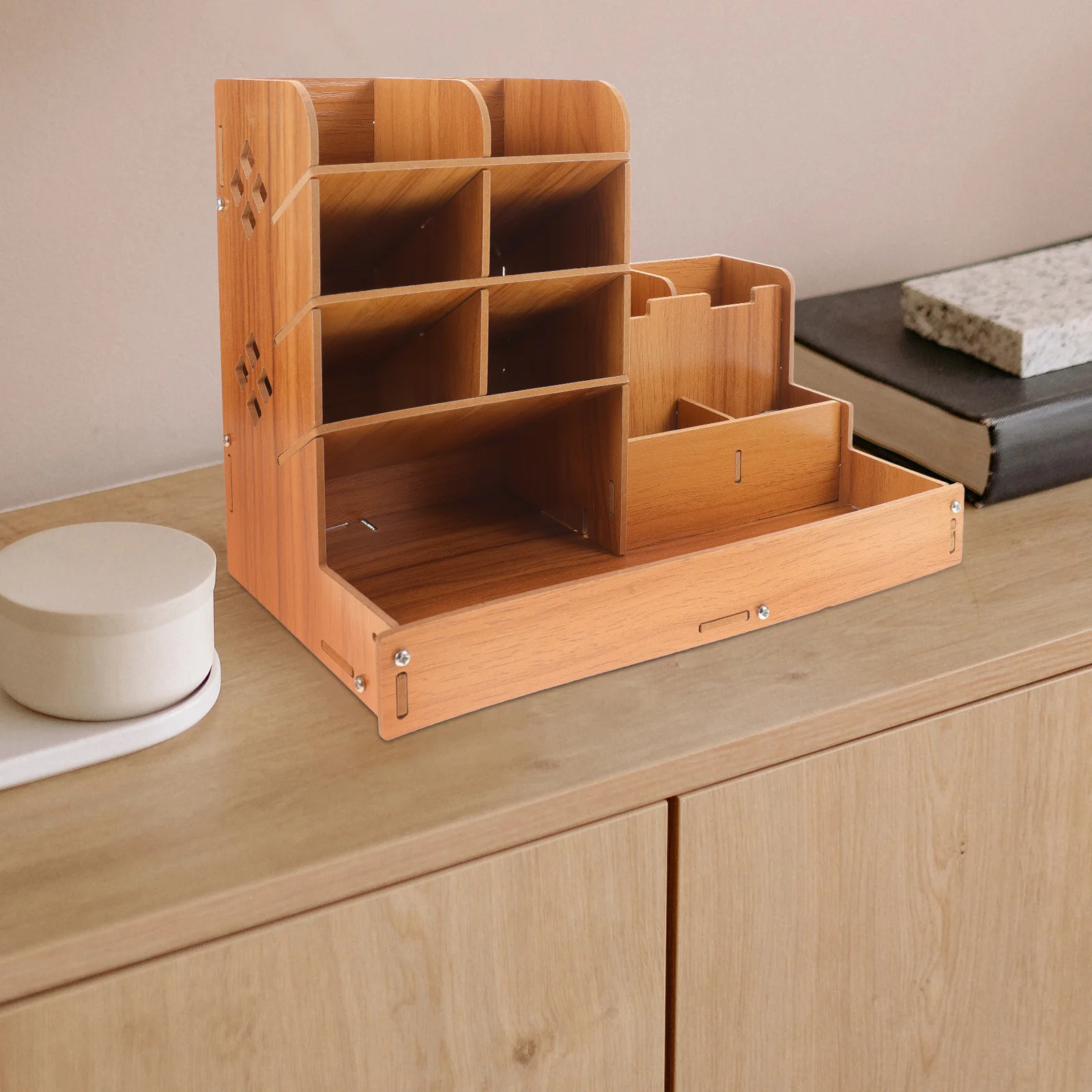 Wooden Desk Organizer Pen Holder Pencil Stand Multifunctional Storage Box for Markers Notebooks Rubber Bands Desktop Container