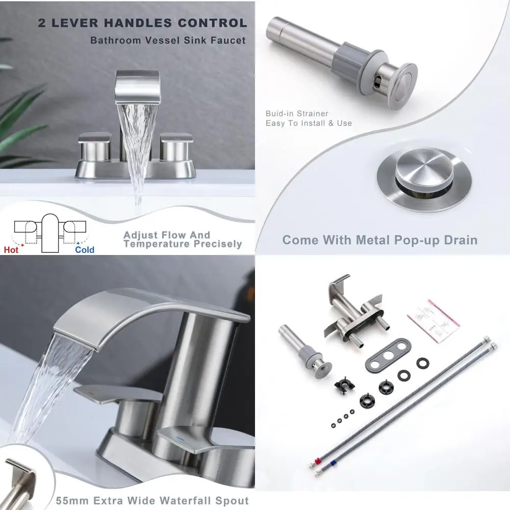 

Double Handle Brushed Nickel Waterfall Sink Faucet with Metal Pop-Up Drain for 2 or 3-Hole Basins, US D983,326 S