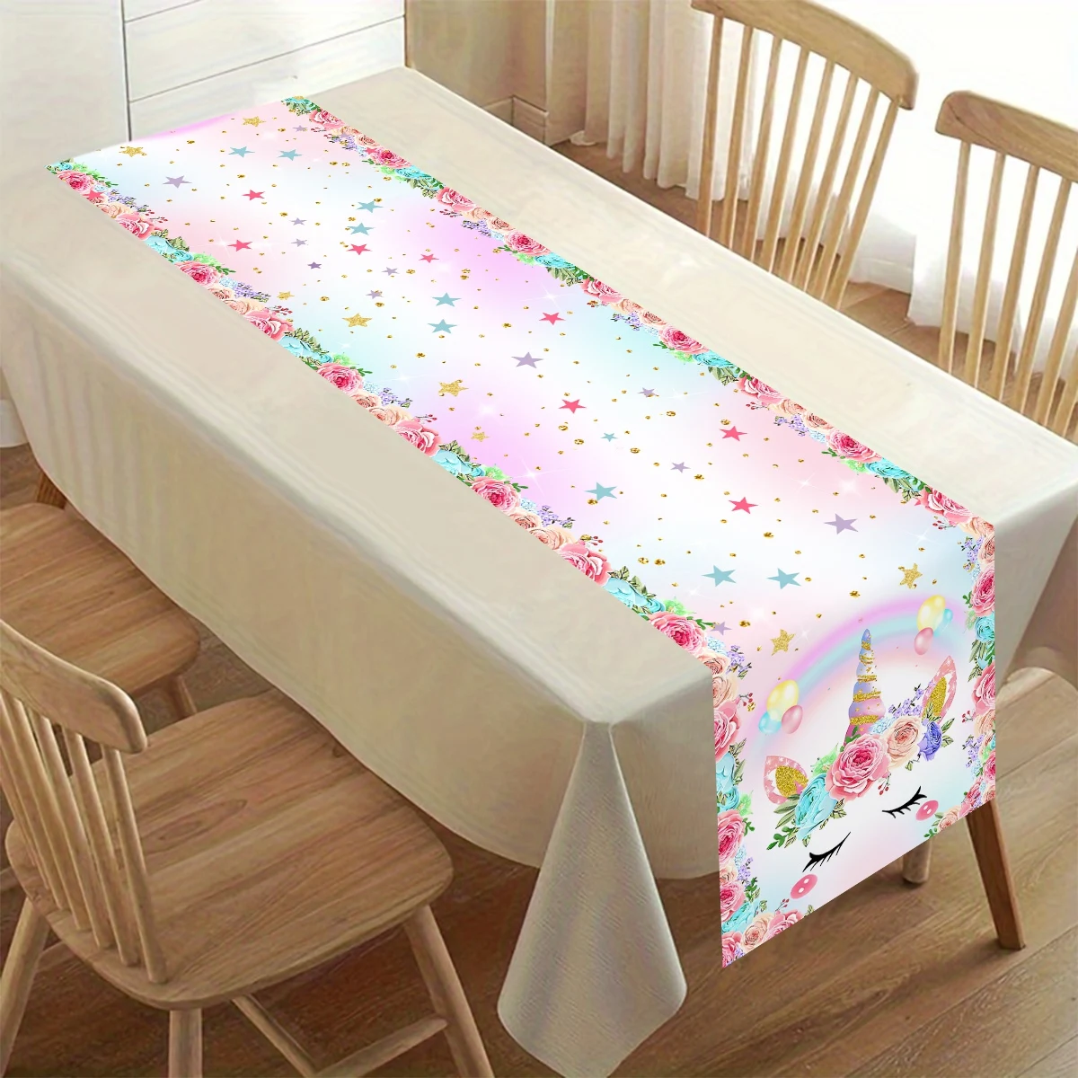 180*35cm Rainbow Unicorn Table Runner Polyester Table Flag For Wedding Unicorn Themed Birthday Party Decor Wedding Party Supply