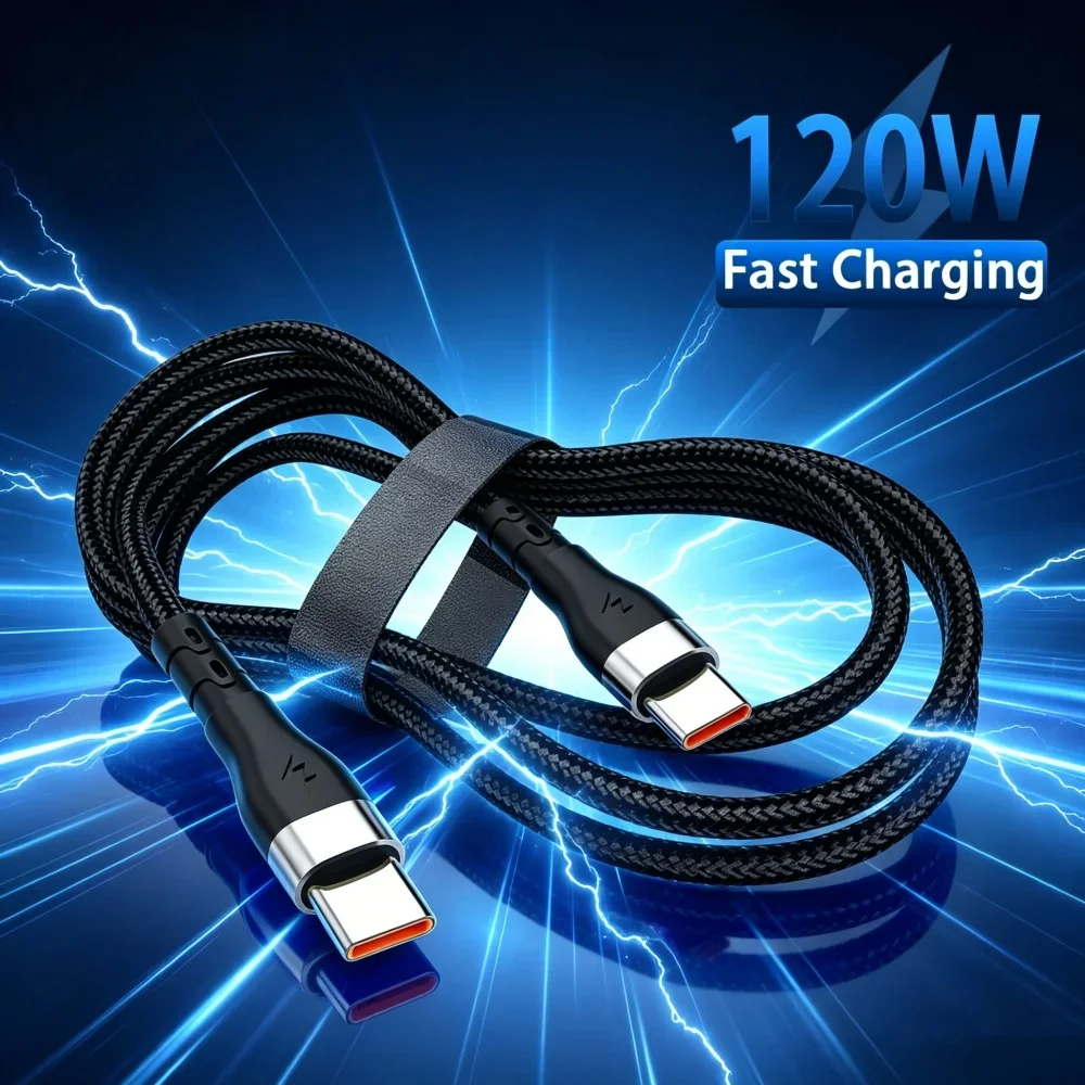 USB-C to Type-C 120W 6A Braided Fast Charging Cable High Speed Charger Cord Durable Data Transfer Wire for iPhone Xiaomi Samsung