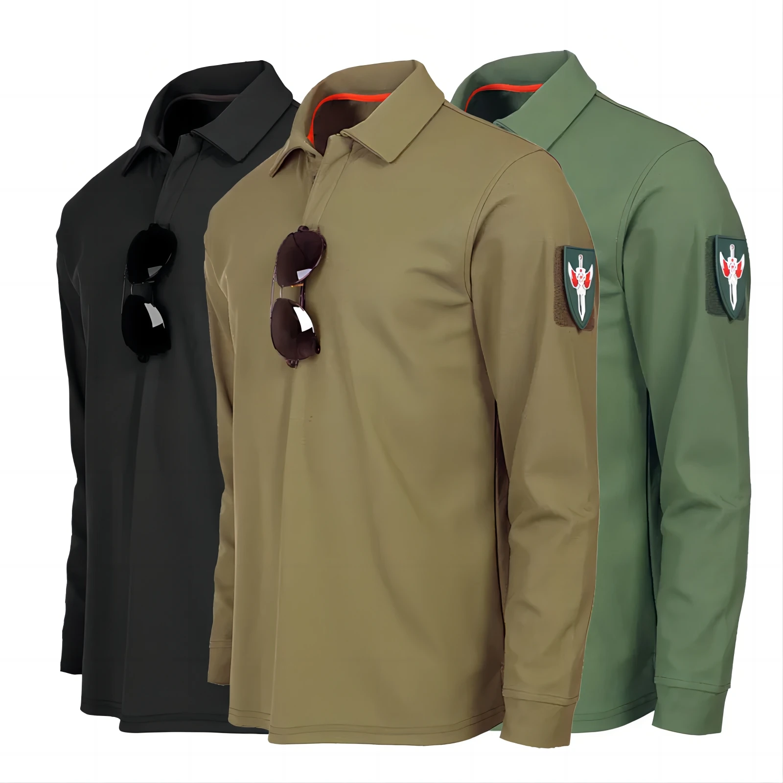 Mens 100% Polyester Long Sleeve Polo Shirt Summer Quick Dry Solid Army Green Square Collar T-shirts Sports Outside Tactical Tops