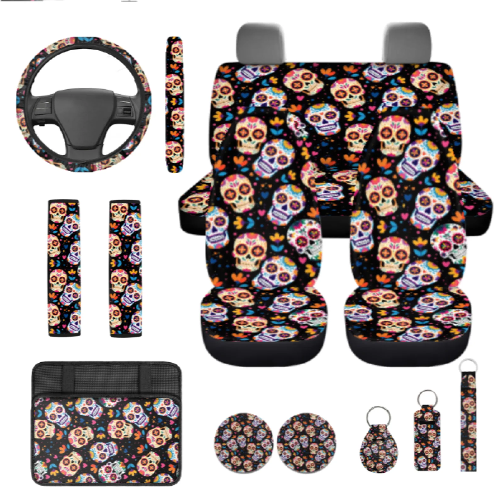 Coloranimal Sugar Skull 13 PCS Car Seat Covers Full Set Easy to Install Scratch-Resistant Car Seat Cover Full Set Suitable