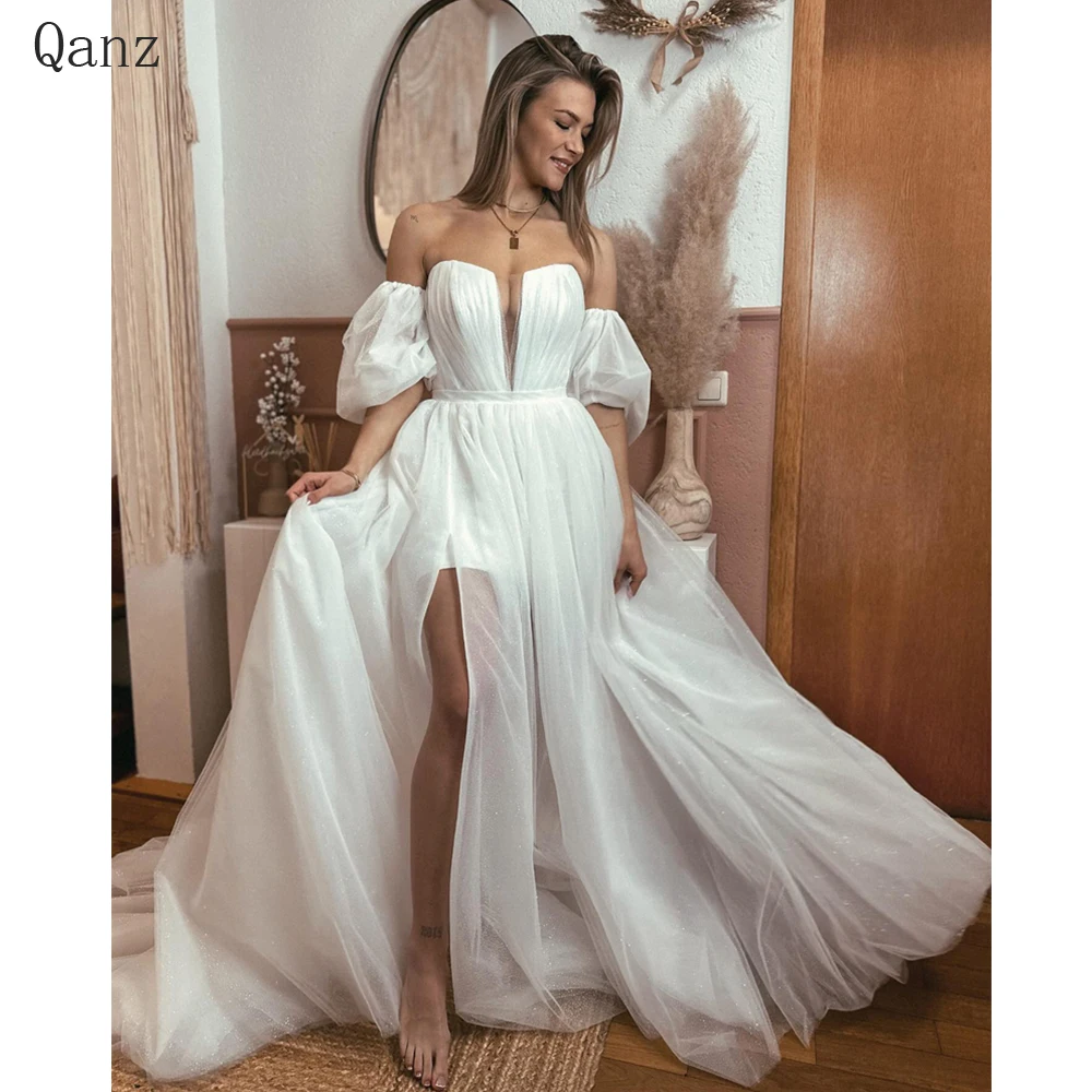 

Qanz A Line Shiny Tulle 2 In 1 Wedding Dress Vintage Bohemian Bridal Dresses Customized Detachable Short Sleeves Wedding Gowns