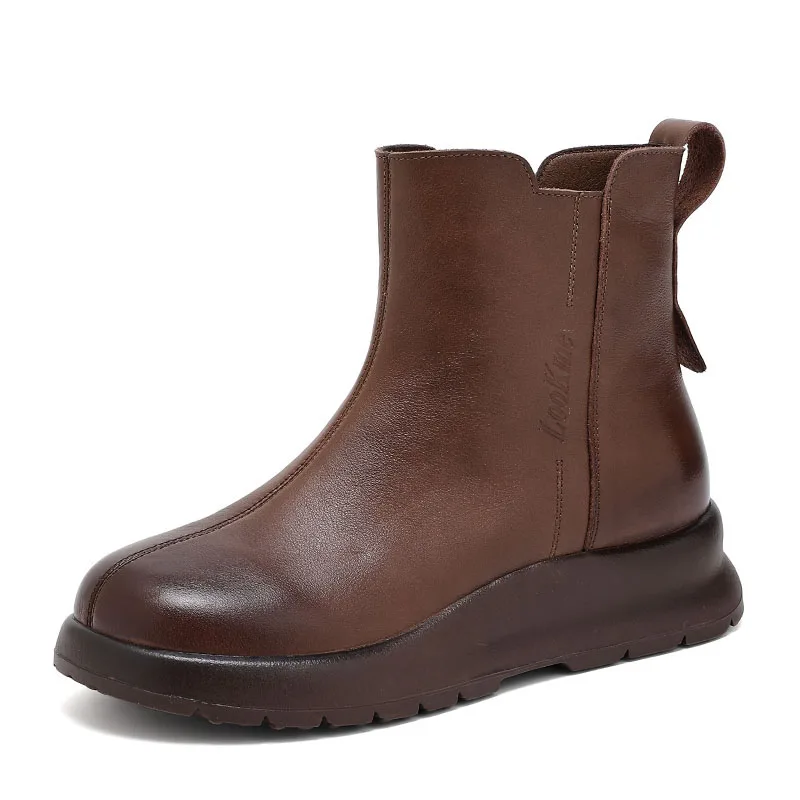 DRKANOL Women Chunky Platform Boots Autumn Winter Round Toe Genuine Leather Thick Sole Wedges Warm Shoes Ladies Snow Ankle Boots