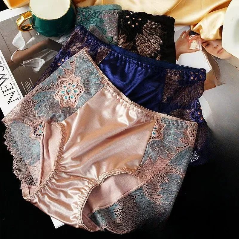 Plus Size Women's Panties High Waist High Elastic Lace Sexy Silk Comfortable Breathable Cotton Crotch Women's Triangle Comfort