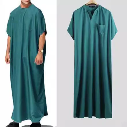 2024 baru pria Islam Arab Kaftan Vintage padat lengan pendek longgar Retro jubah Abaya Dubai Timur Tengah Muslim pakaian S-5XL