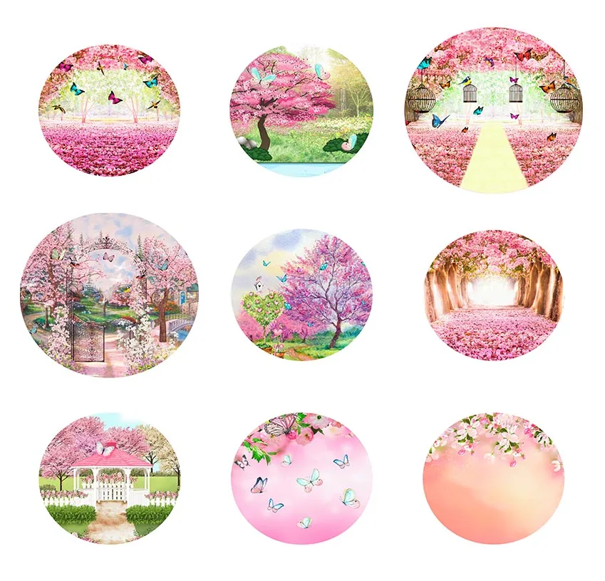 

Spring Garden Pink Cherry Blossom Green Grass Butterfly Circle Backdrop Baby Shower Birthday Portrait Round Background Covers