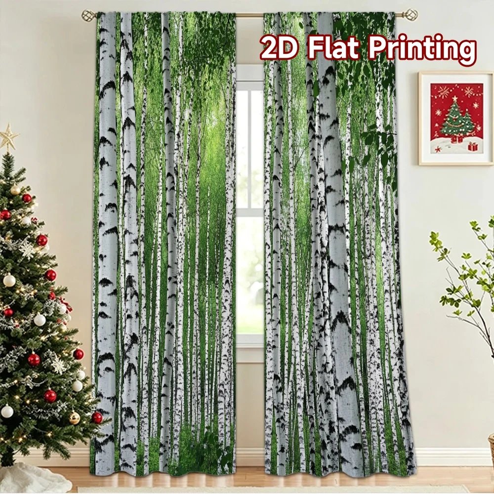 2D flat 2pcs Curtain Modern Minimalist Style Spring Birch Forest Digitally printed polyester, colorfast Party & Holiday Decor