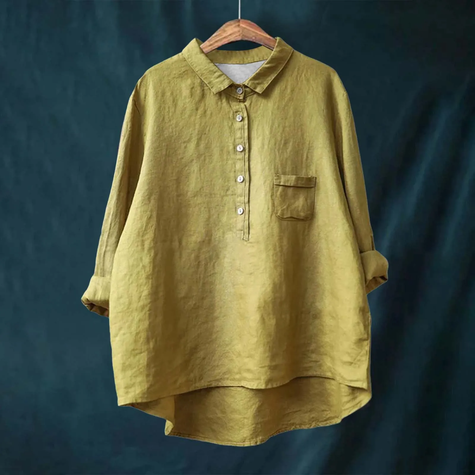 Casual Cotton Linen Long Sve  Collar Loose Fit  Color irt Women Spring Autumn Commute Versatile Top