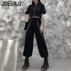 Cargo Pants Suit Short Sleeve Slim Shirt High Waist Chain Sweatpants Two Piece Sets Women's Summer Korean Hip-hop Gothic Outfits