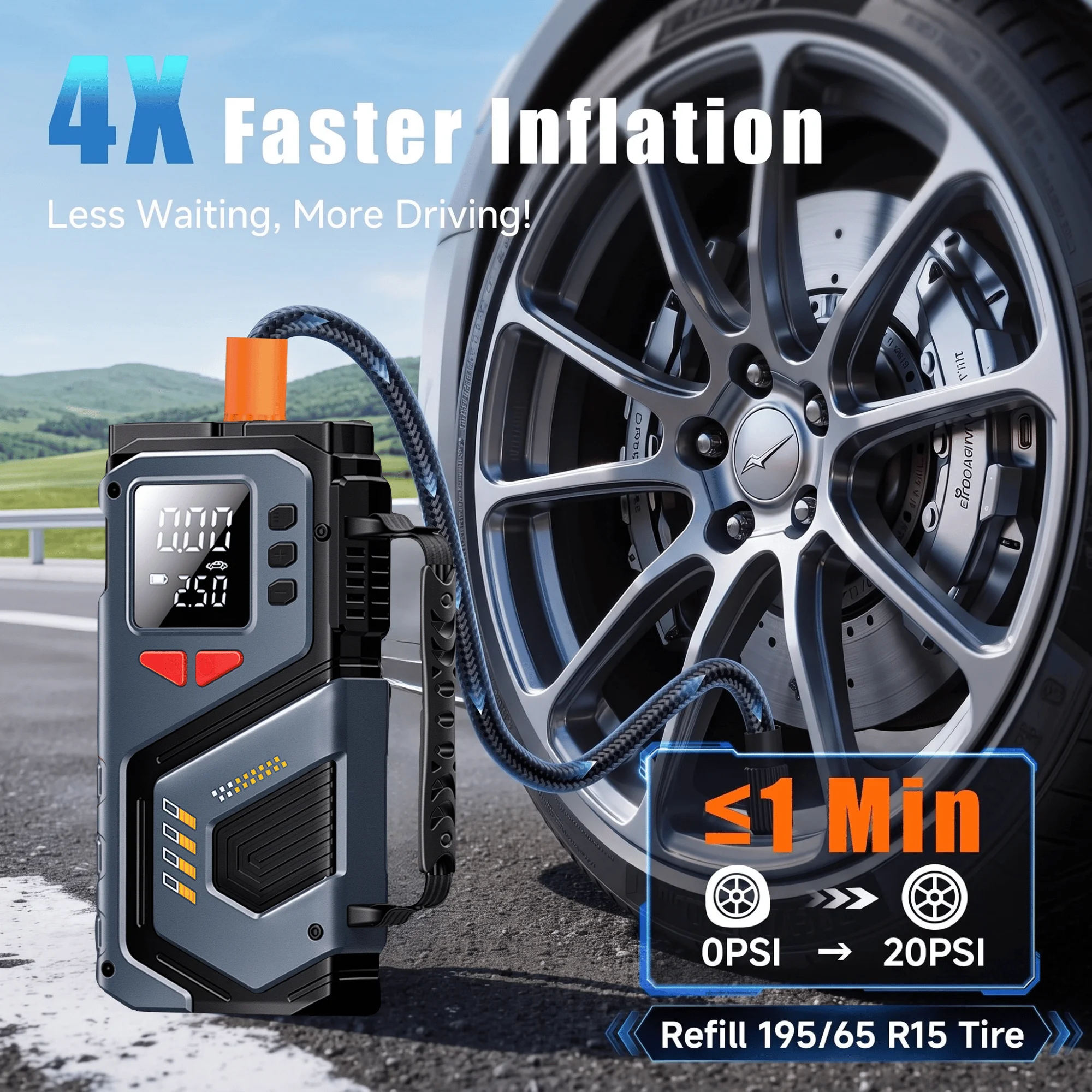 Fast Cordless Tire Inflator 150PSI Portable Air Pump Auto Shutoff Digital Gauge for Car Truck Motorcycle Bike Emergency Use